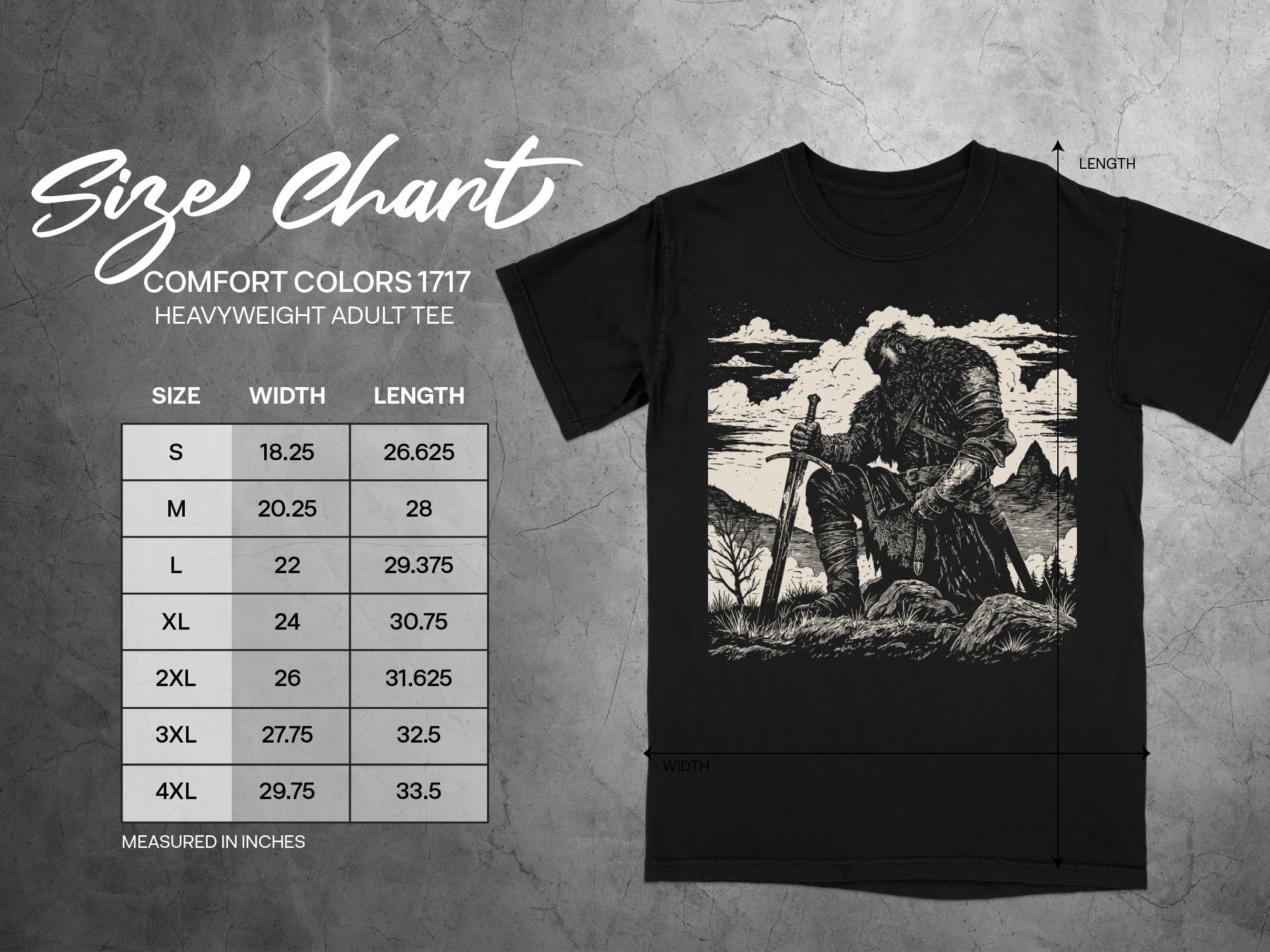 Comfort Colors 1717 heavyweight adult tee size chart with width and length measurements.