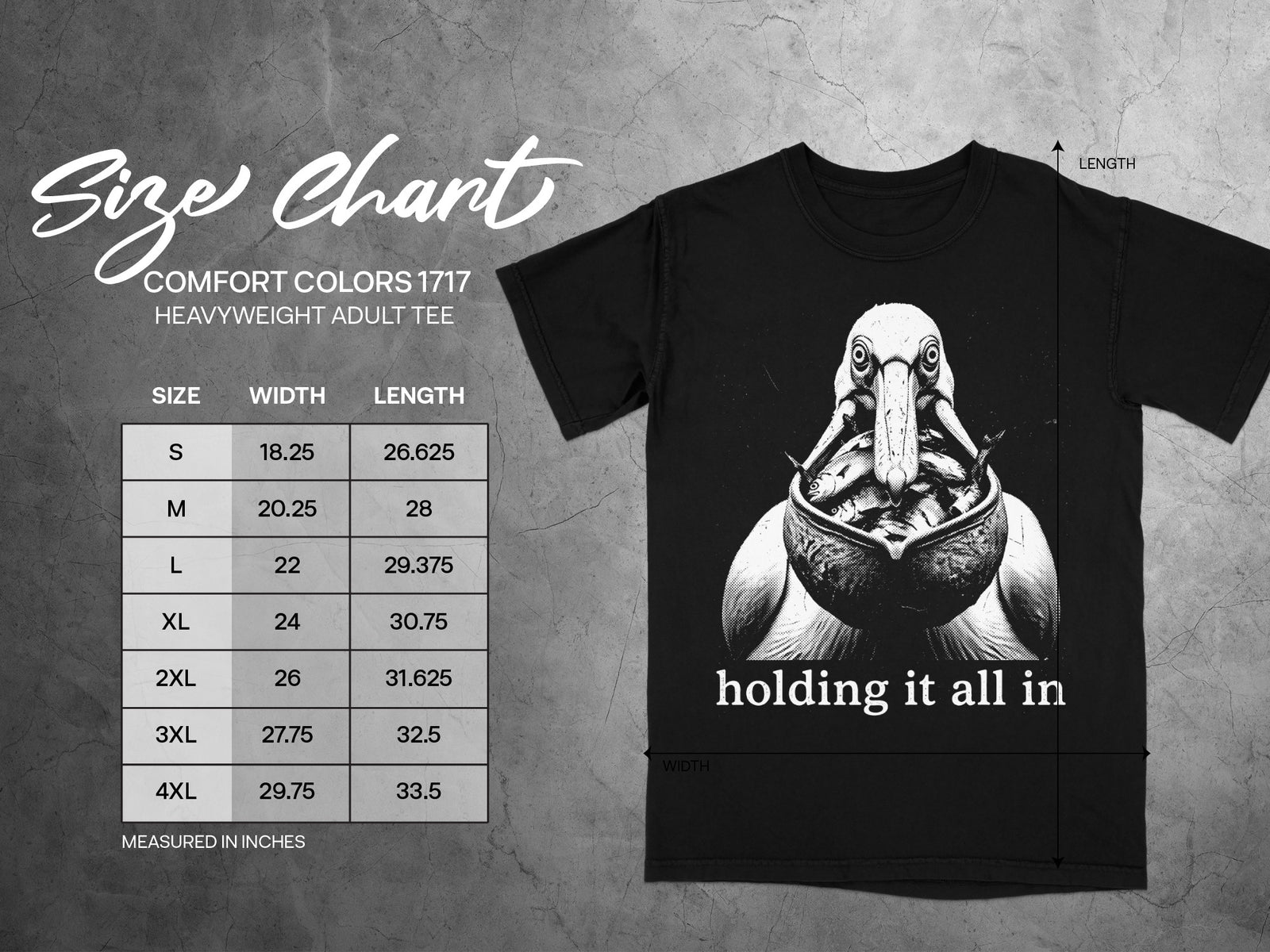 Comfort Colors 1717 heavyweight adult tee size chart with graphic of bird holding fish.