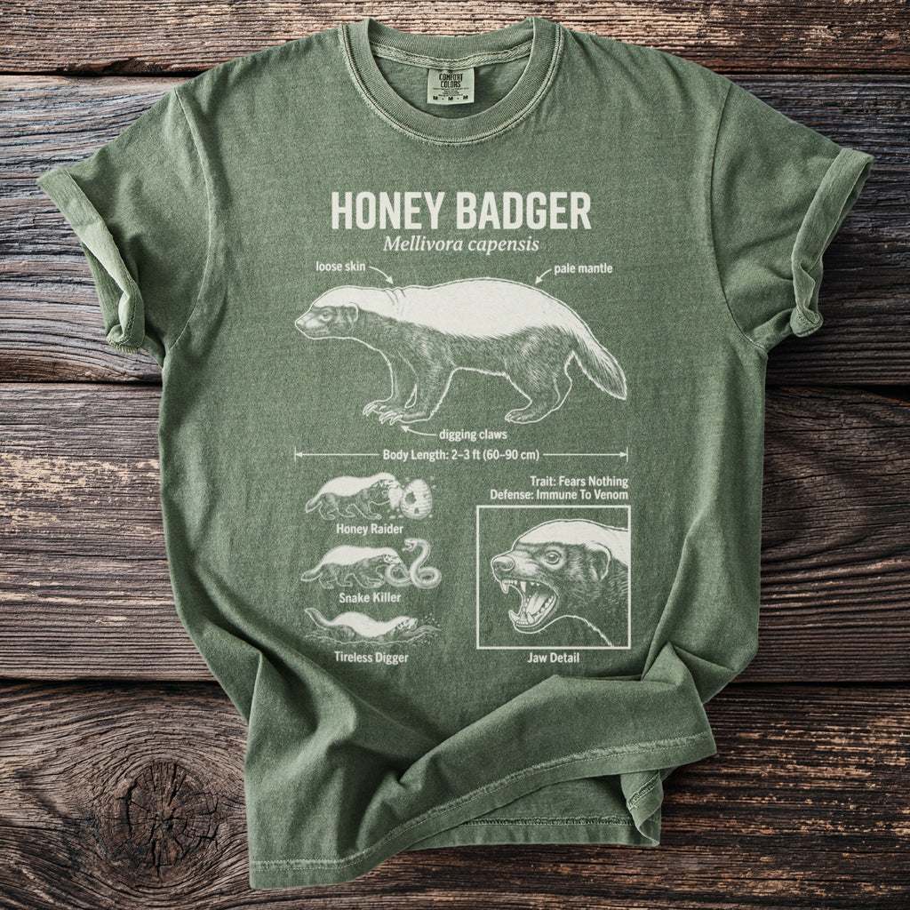 Green t-shirt with Honey Badger illustration and scientific details.