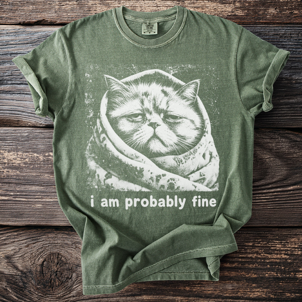 Green t-shirt with distressed print of a cat wrapped in a blanket, text "i am probably fine".