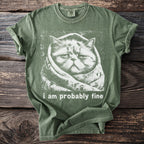 Green t-shirt with distressed print of a cat wrapped in a blanket, text "i am probably fine".