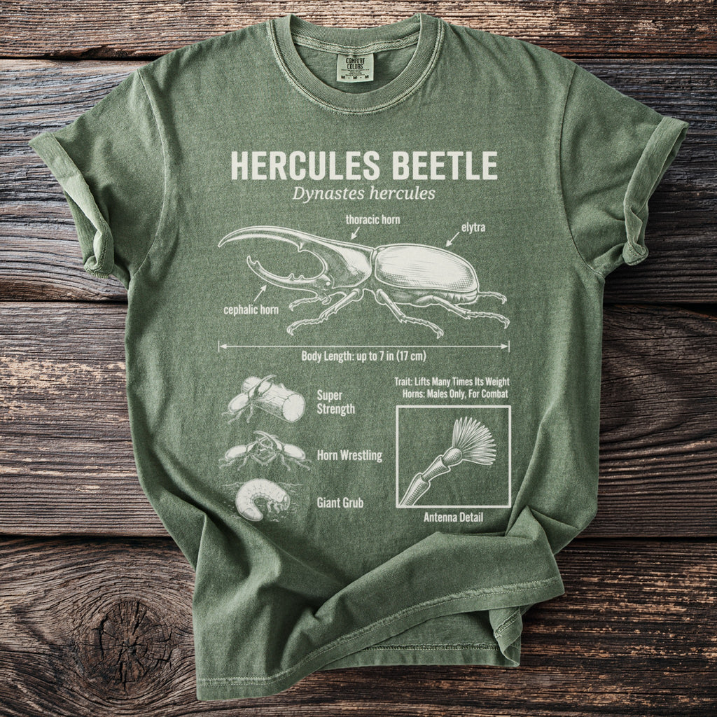 Green t-shirt features a white diagram of a Hercules beetle with labeled parts and life stages.