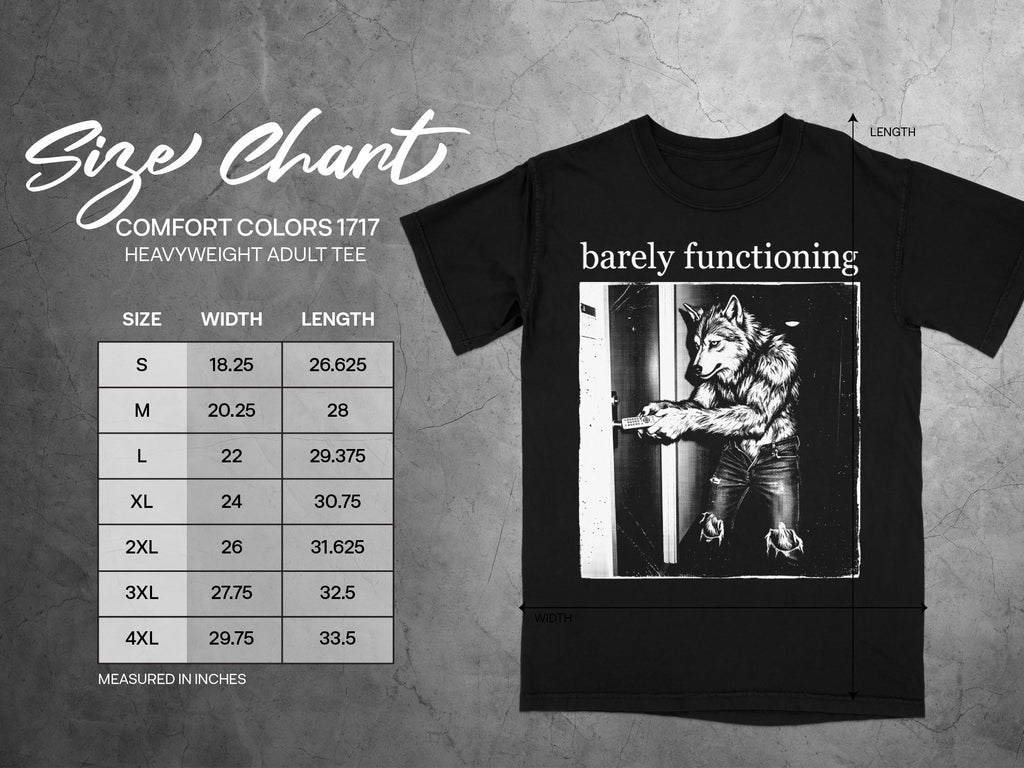 Size chart for black Comfort Colors 1717 heavyweight adult tee with wolf graphic.