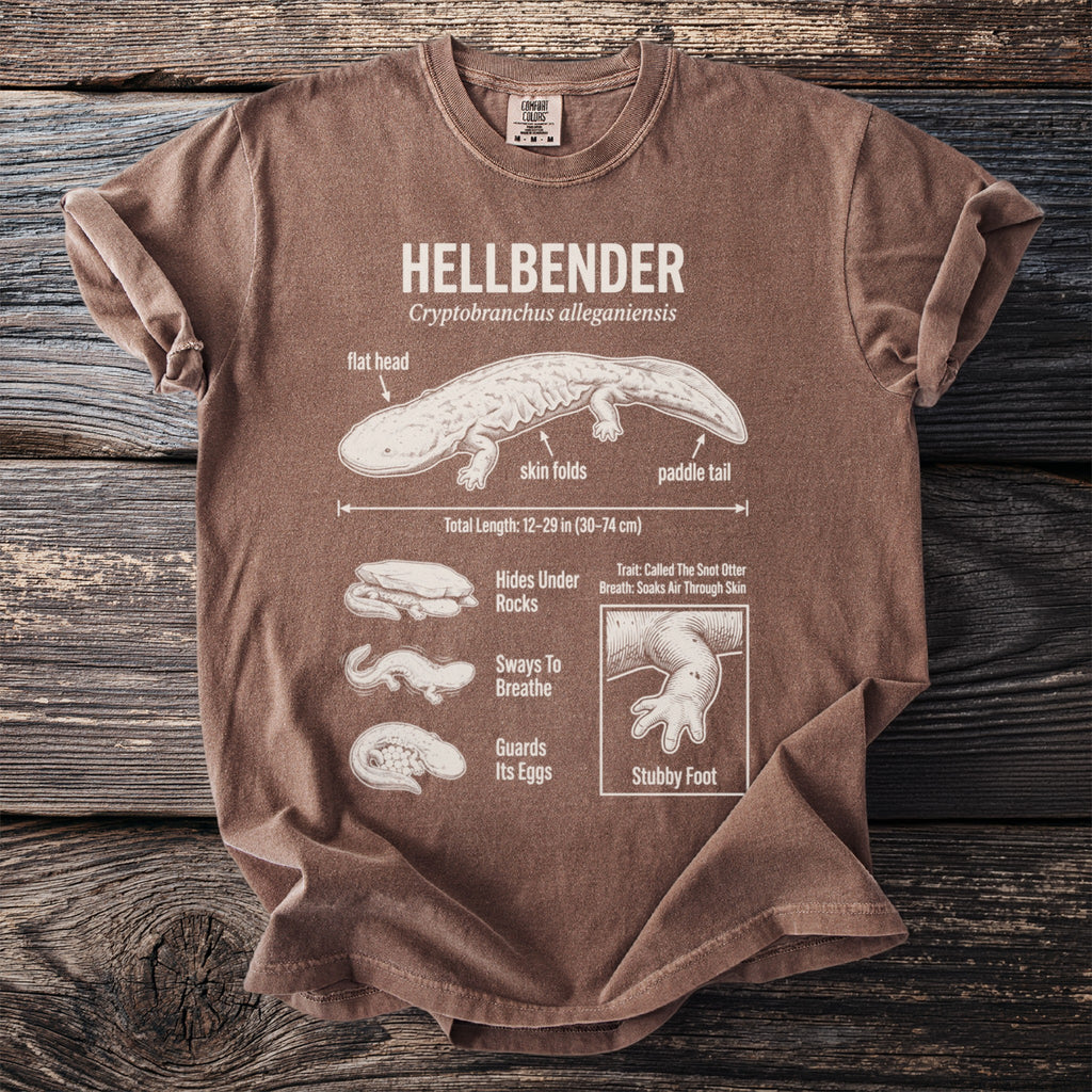 Brown t-shirt with a diagram and text describing the Hellbender salamander.