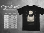 Comfort Colors 1717 heavyweight adult tee size chart with moon and wolf graphic.