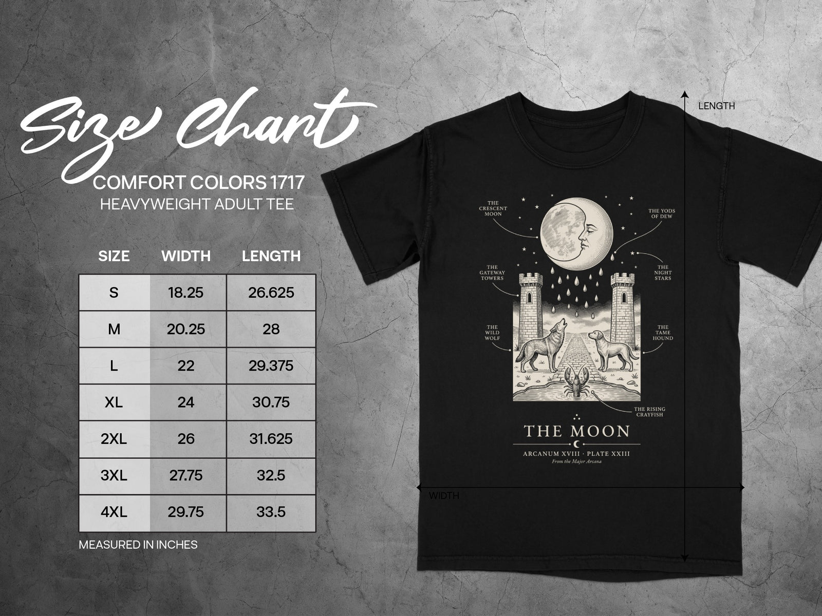 Comfort Colors 1717 heavyweight adult tee size chart with moon and wolf graphic.