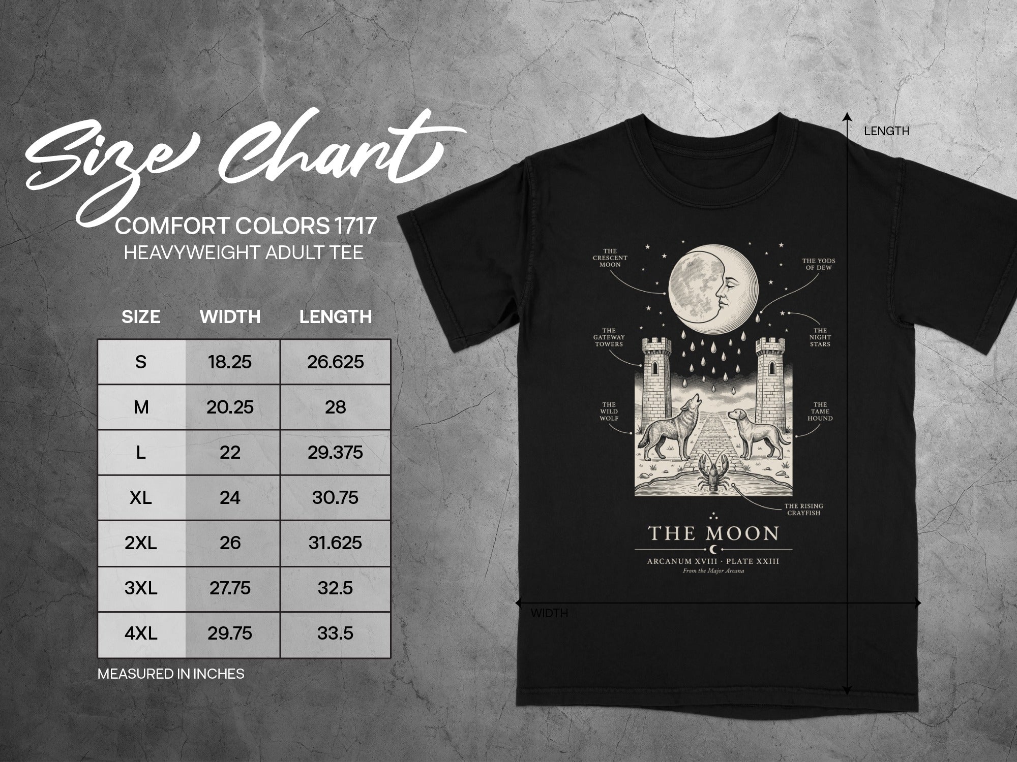 Comfort Colors 1717 heavyweight adult tee size chart with moon and wolf graphic.