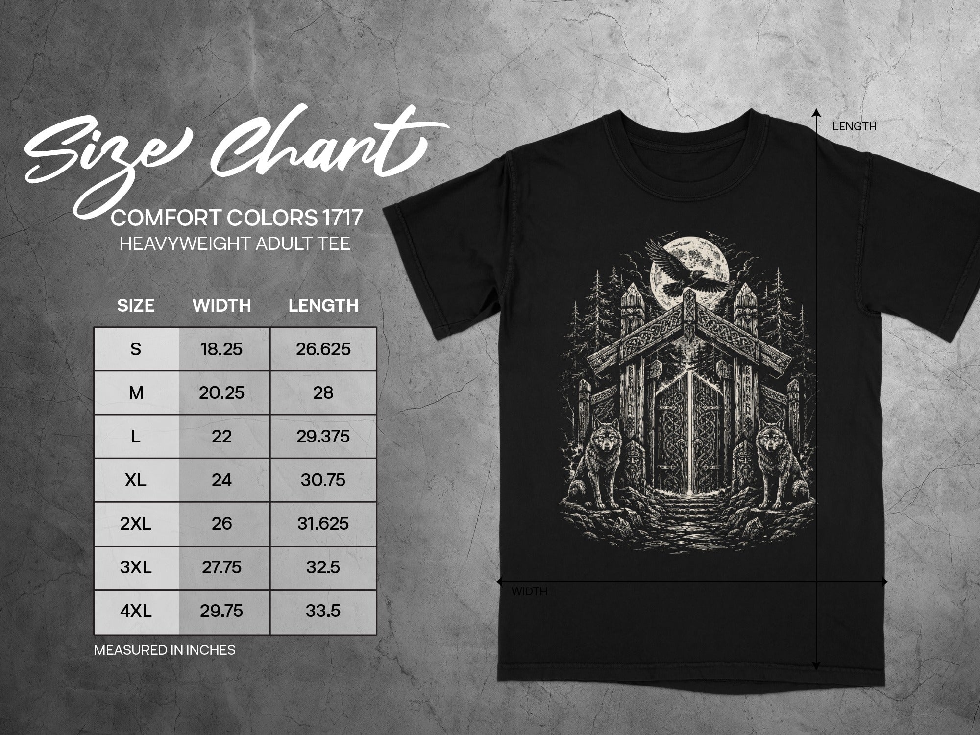 T-shirt size chart for Comfort Colors 1717 heavyweight adult tee.