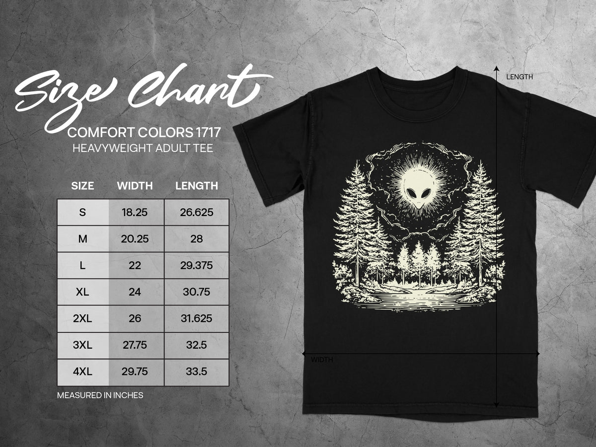 Comfort Colors 1717 heavyweight adult tee size chart with width and length measurements in inches.