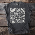 Charcoal t-shirt with white graphic of insects and plants, reading "respect the locals."