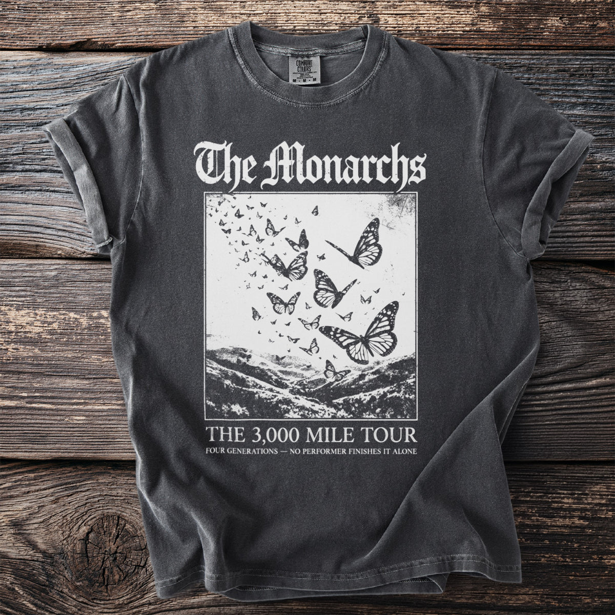 T-shirt with "The Monarchs" and butterfly graphics, "The 3,000 Mile Tour".