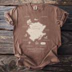 Brown t-shirt with a map of "The Old Country" featuring mountains, woods, and water.