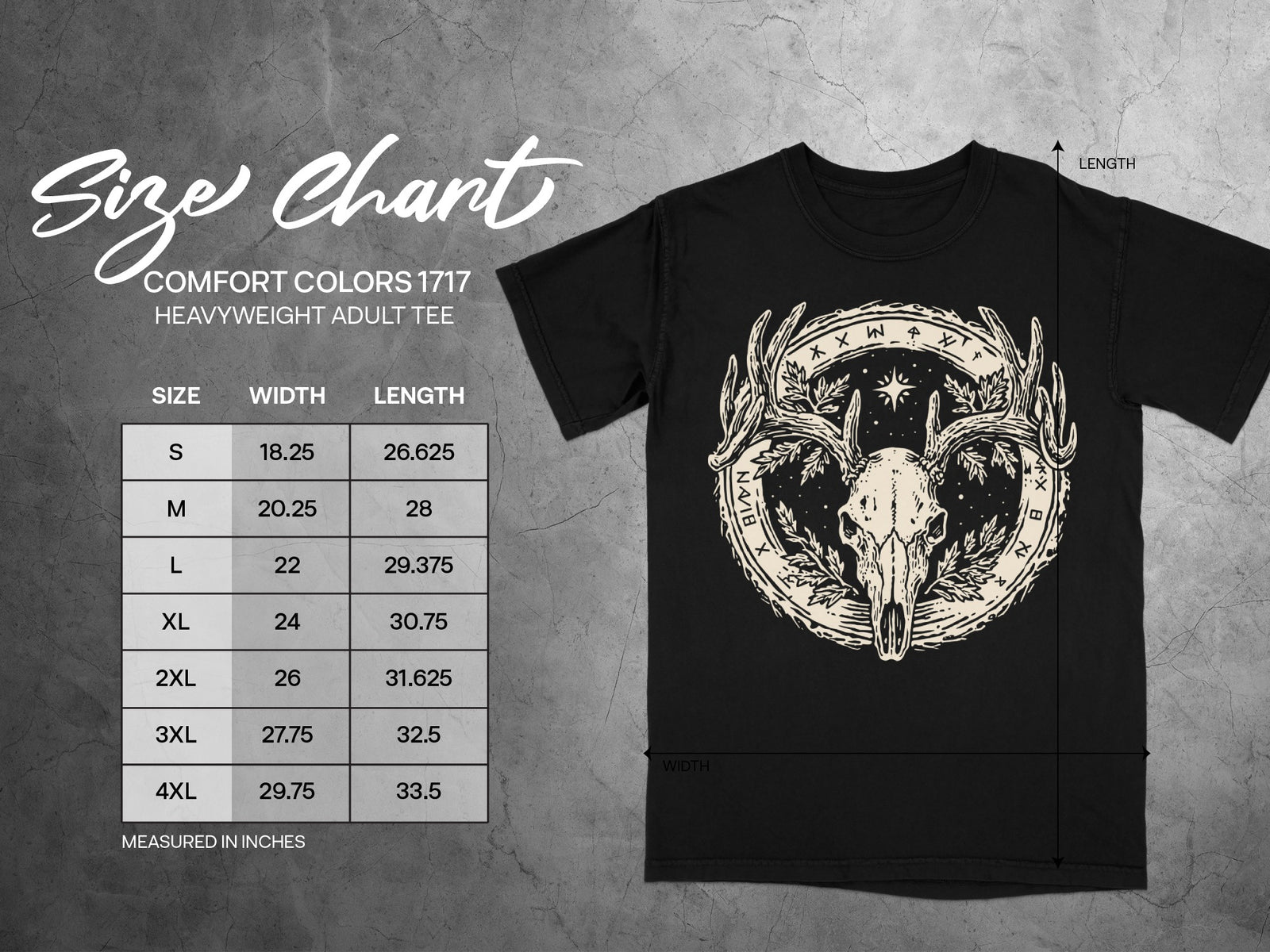 Comfort Colors 1717 heavyweight adult tee size chart with deer skull graphic.