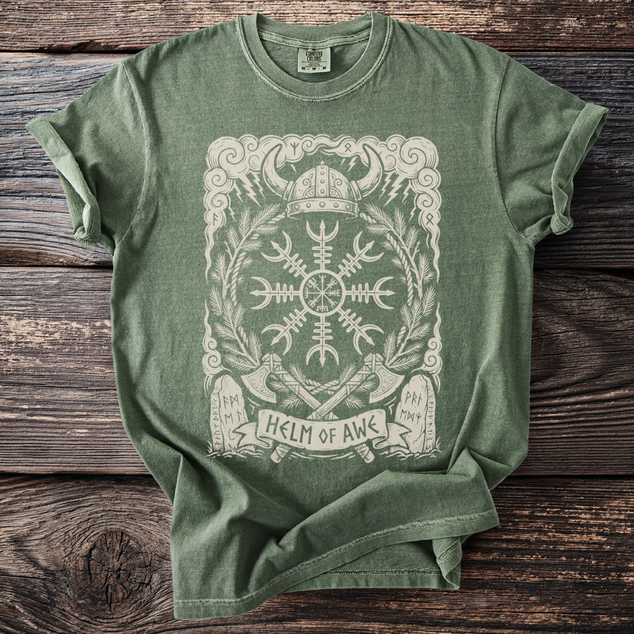 Green t-shirt with Helm of Awe Norse symbol, Viking helmet, axes, and runes.