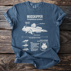 Blue t-shirt with diagram of Mudskipper and its features, habitat, and biology.