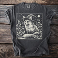 T-shirt with a vintage-style graphic of a fox wearing a witch hat.