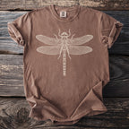 Brown t-shirt with a cream-colored dragonfly graphic and Comfort Colors label.