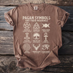 Brown t-shirt with Pagan Symbols and Meanings graphic including pentacle, triquetra, and triple moon.