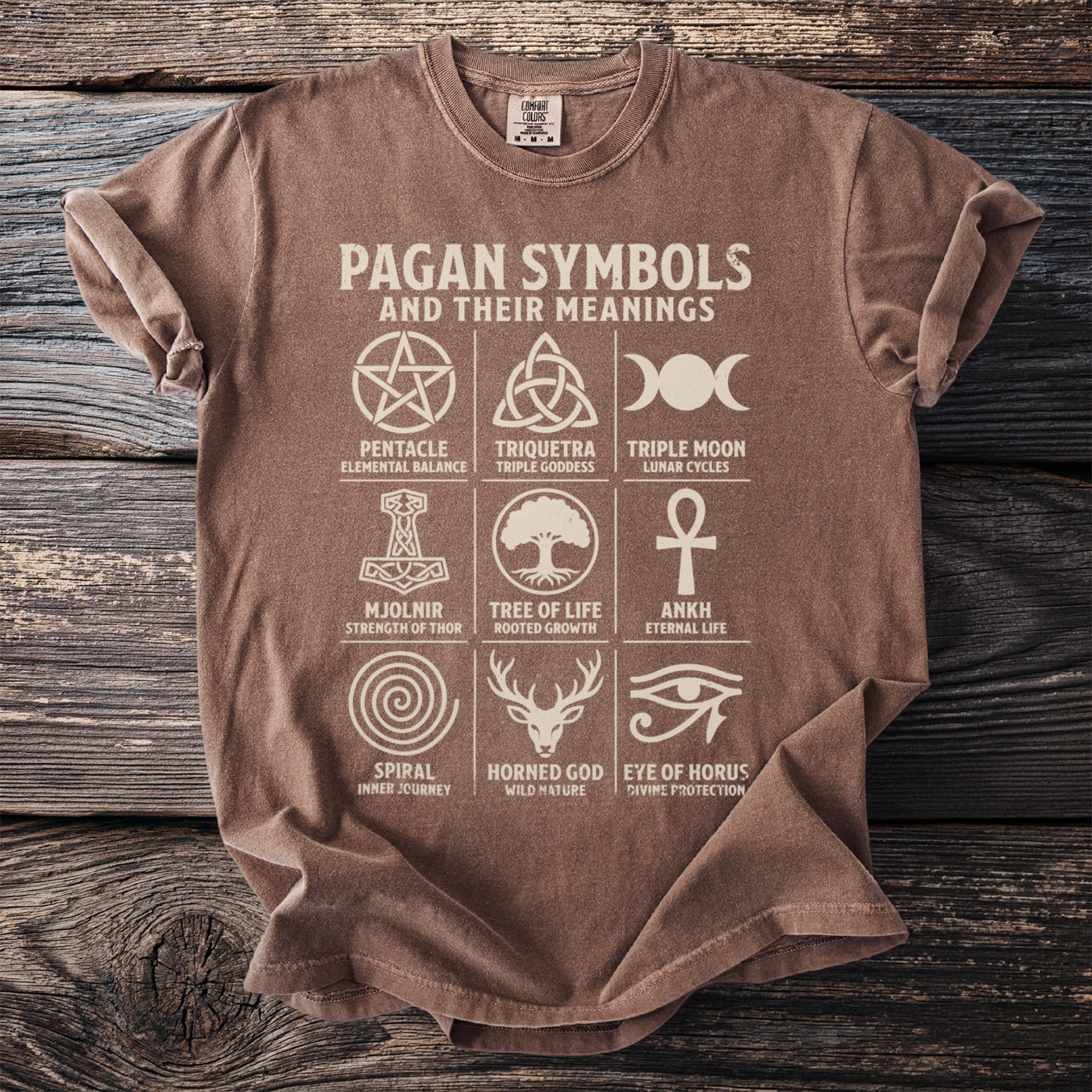 Brown t-shirt with Pagan Symbols and Meanings graphic including pentacle, triquetra, and triple moon.