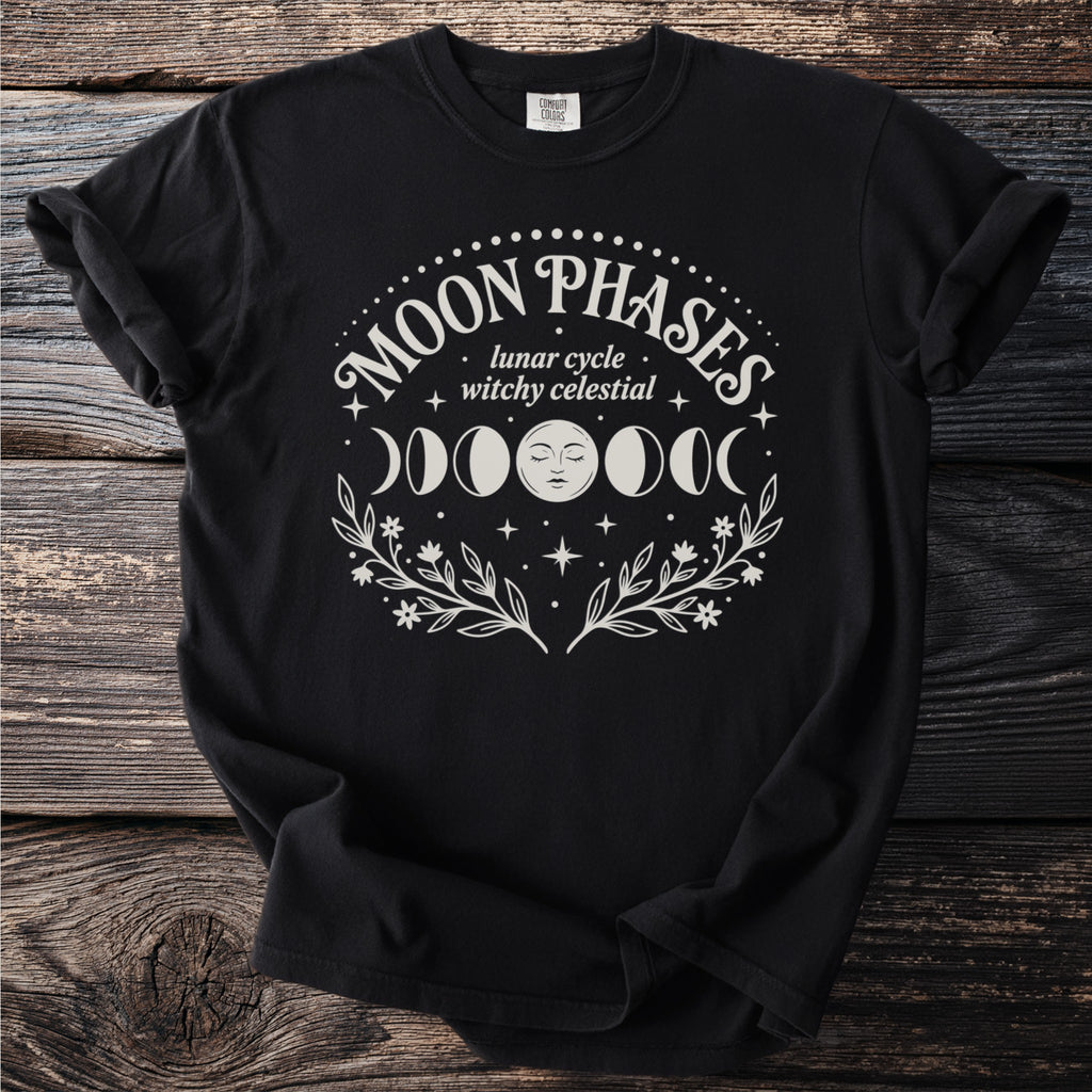 Black t-shirt with "Moon Phases" text and lunar cycle graphic.