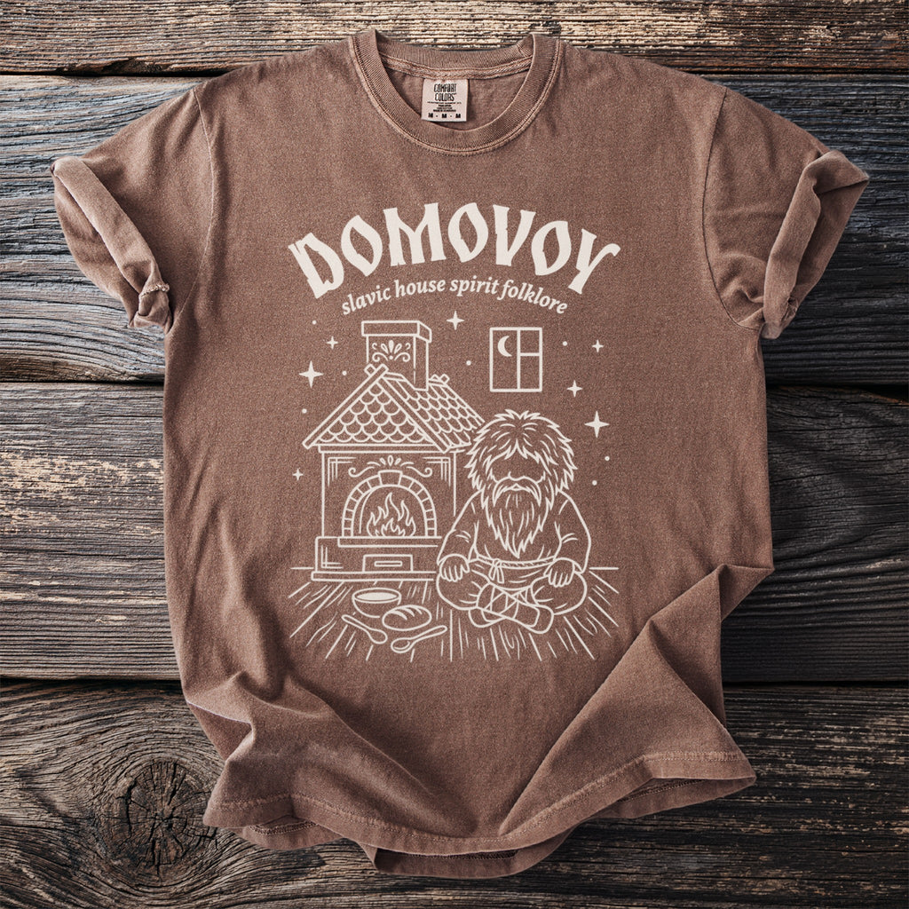 Brown t-shirt with "Domovoy slavic house spirit folklore" and folk illustration.