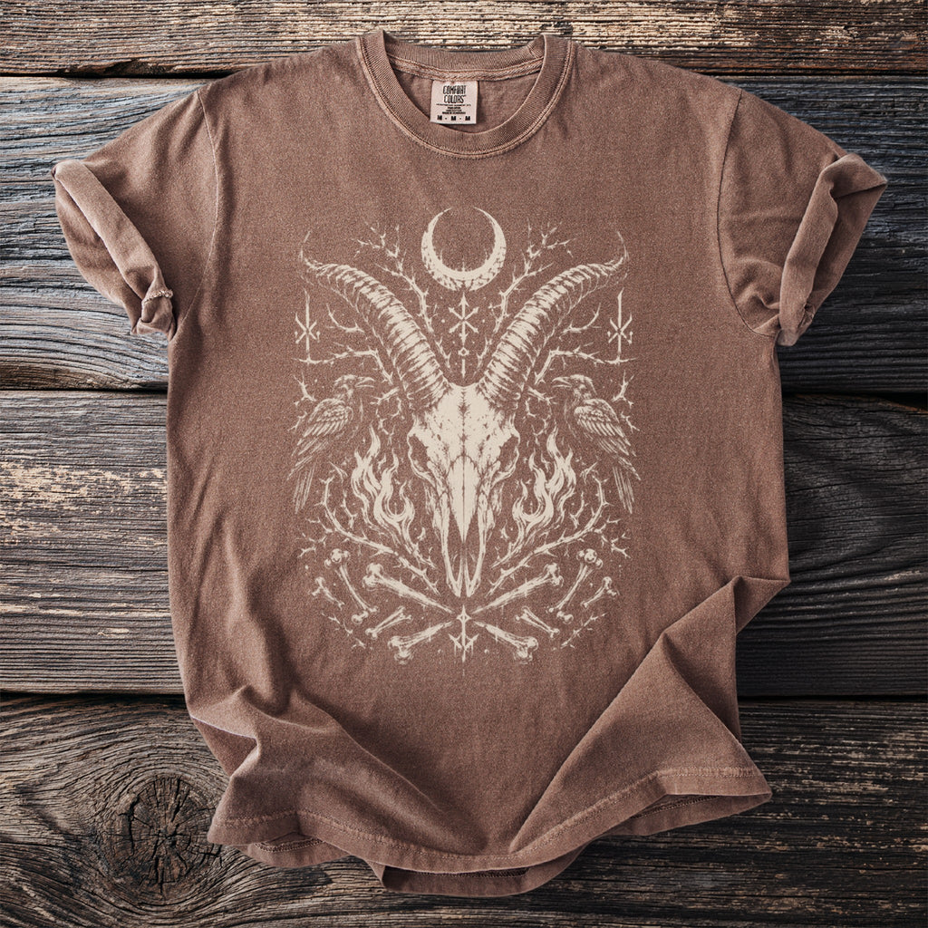 Brown comfort colors t-shirt with occult occult graphic and crescent moon.