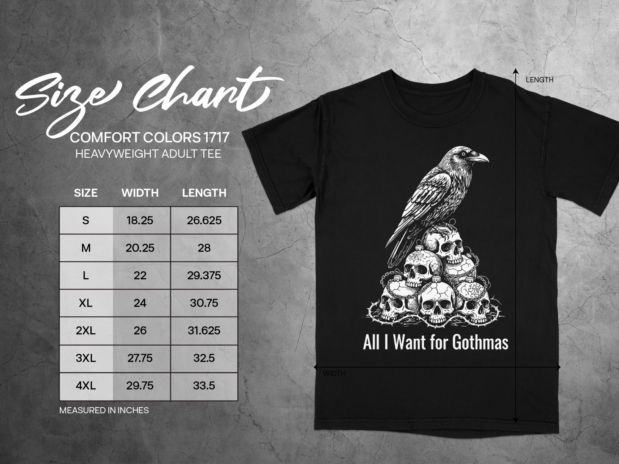 Size chart for Comfort Colors 1717 heavyweight adult tee with a crow and skulls graphic.
