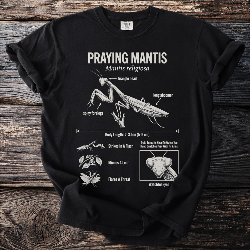 Black t-shirt withPraying Mantis diagram detailing head, body, and behaviors.