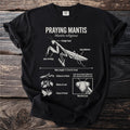 Black t-shirt withPraying Mantis diagram detailing head, body, and behaviors.