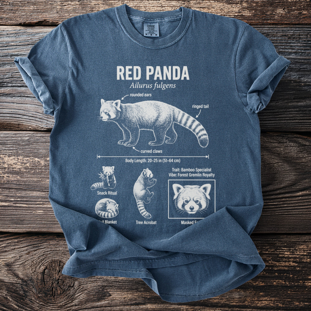 Blue t-shirt with red panda illustration and scientific details.