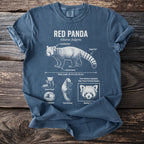 Blue t-shirt with red panda illustration and scientific details.