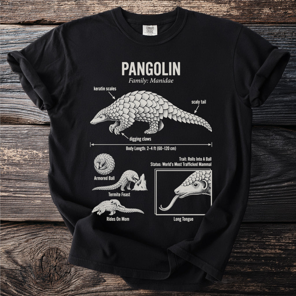 Black t-shirt with scientific diagram of a pangolin and its features.