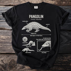 Black t-shirt with scientific diagram of a pangolin and its features.