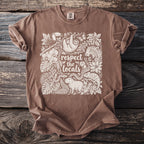Brown t-shirt with "respect the locals" text and jungle animals in white print.
