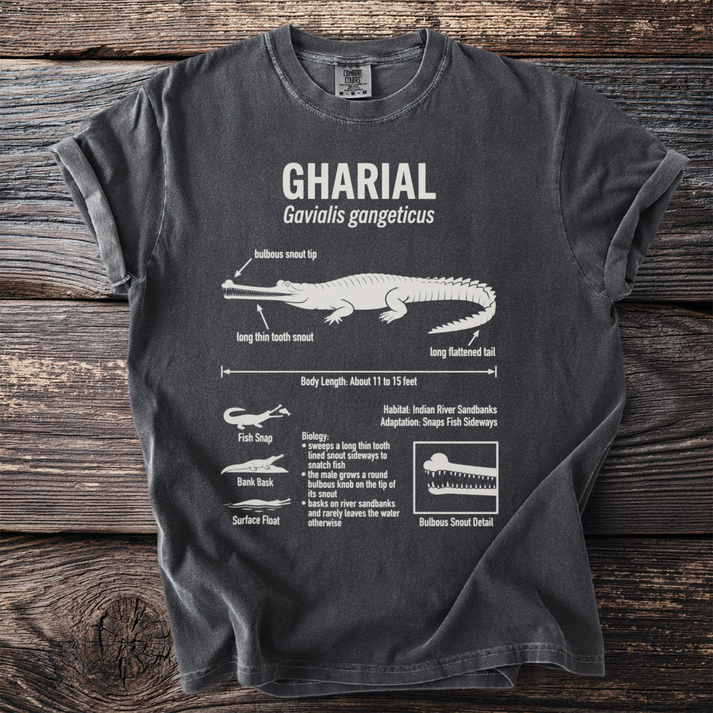 T-shirt with Ghariyal anatomy diagram and information.