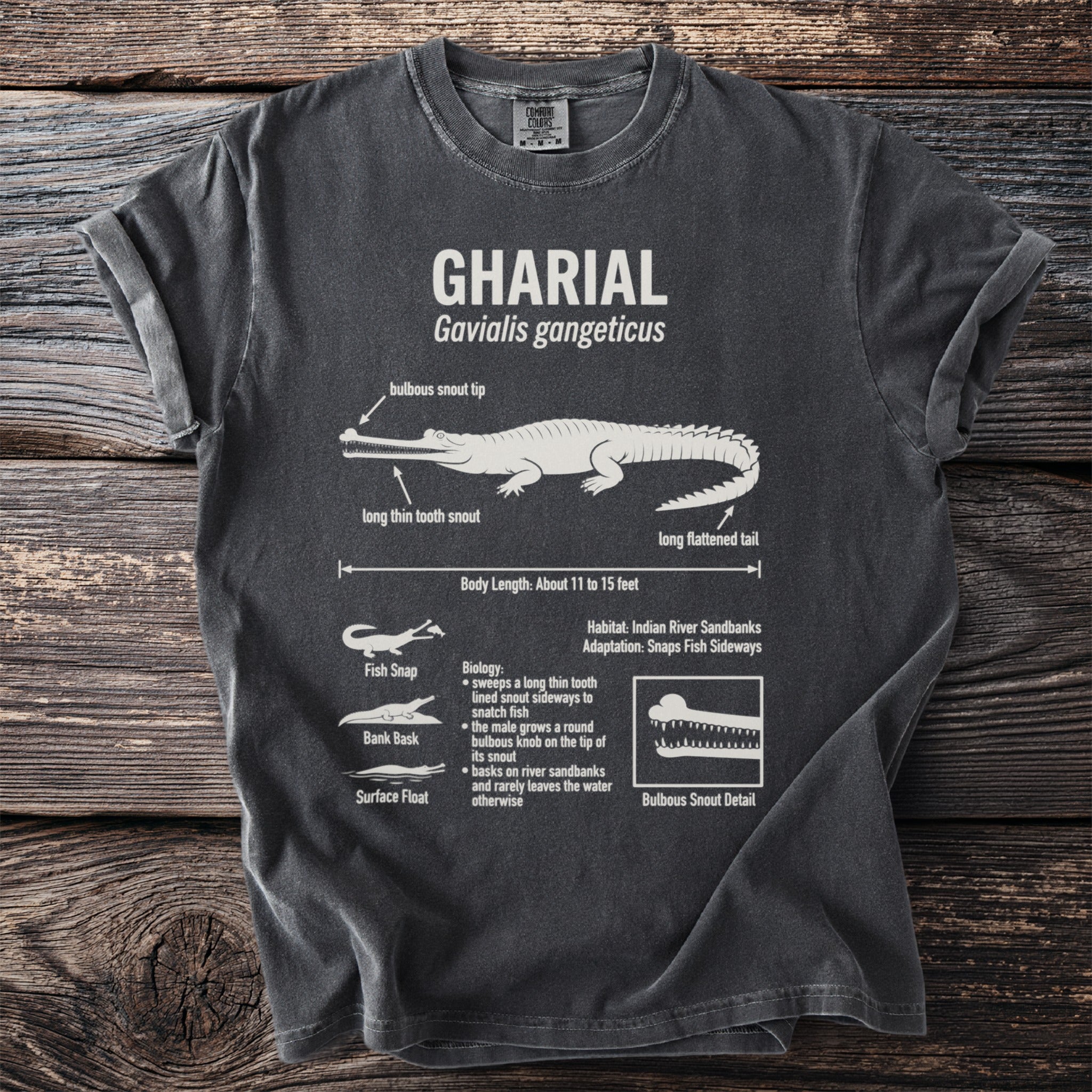 T-shirt with Ghariyal anatomy diagram and information.