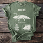 Green t-shirt graphic illustrating axolotl anatomy with labels and a facial detail.
