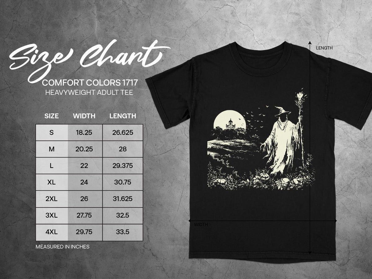 Comfort Colors 1717 heavyweight adult tee size chart with width and length measurements in inches.