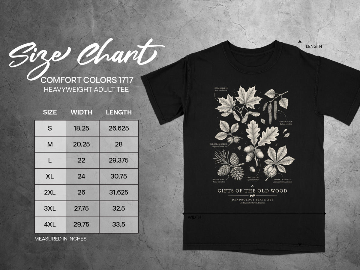 Black t-shirt with size chart and botanical illustrations of trees.