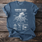 Blue t-shirt with diagram and facts about the Vampire Squid.