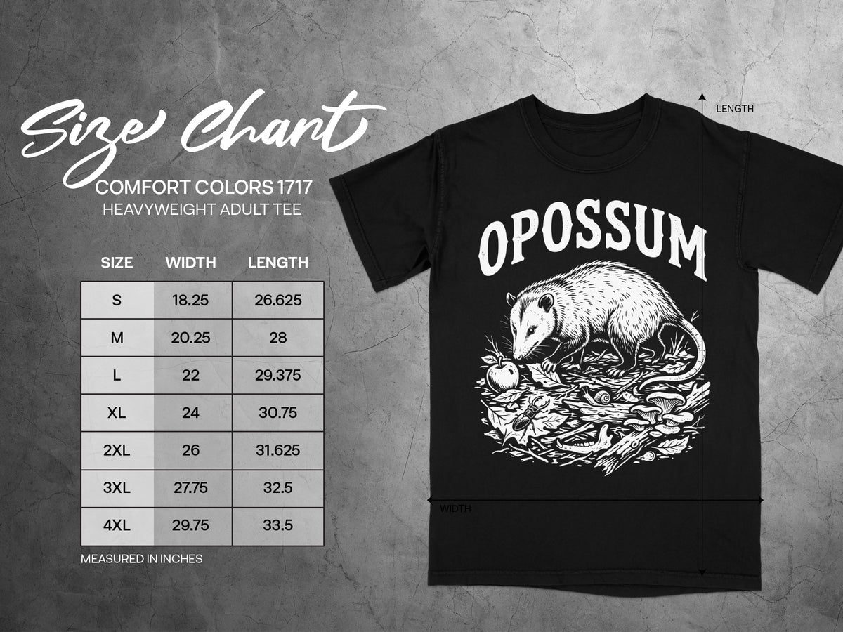 Size chart for Comfort Colors 1717 heavyweight adult tee with opossum graphic.