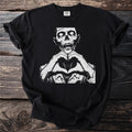 Black t-shirt with zombie making a heart shape with hands graphic.