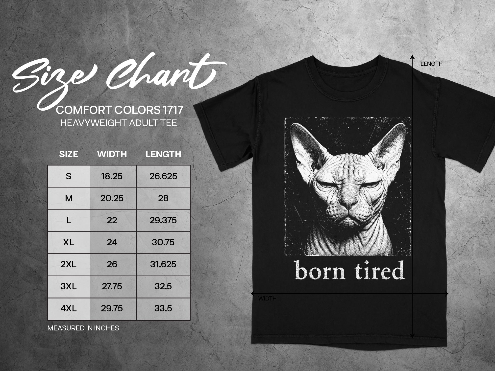 Size chart for Comfort Colors 1717 heavyweight adult tee with a Sphinx cat graphic.