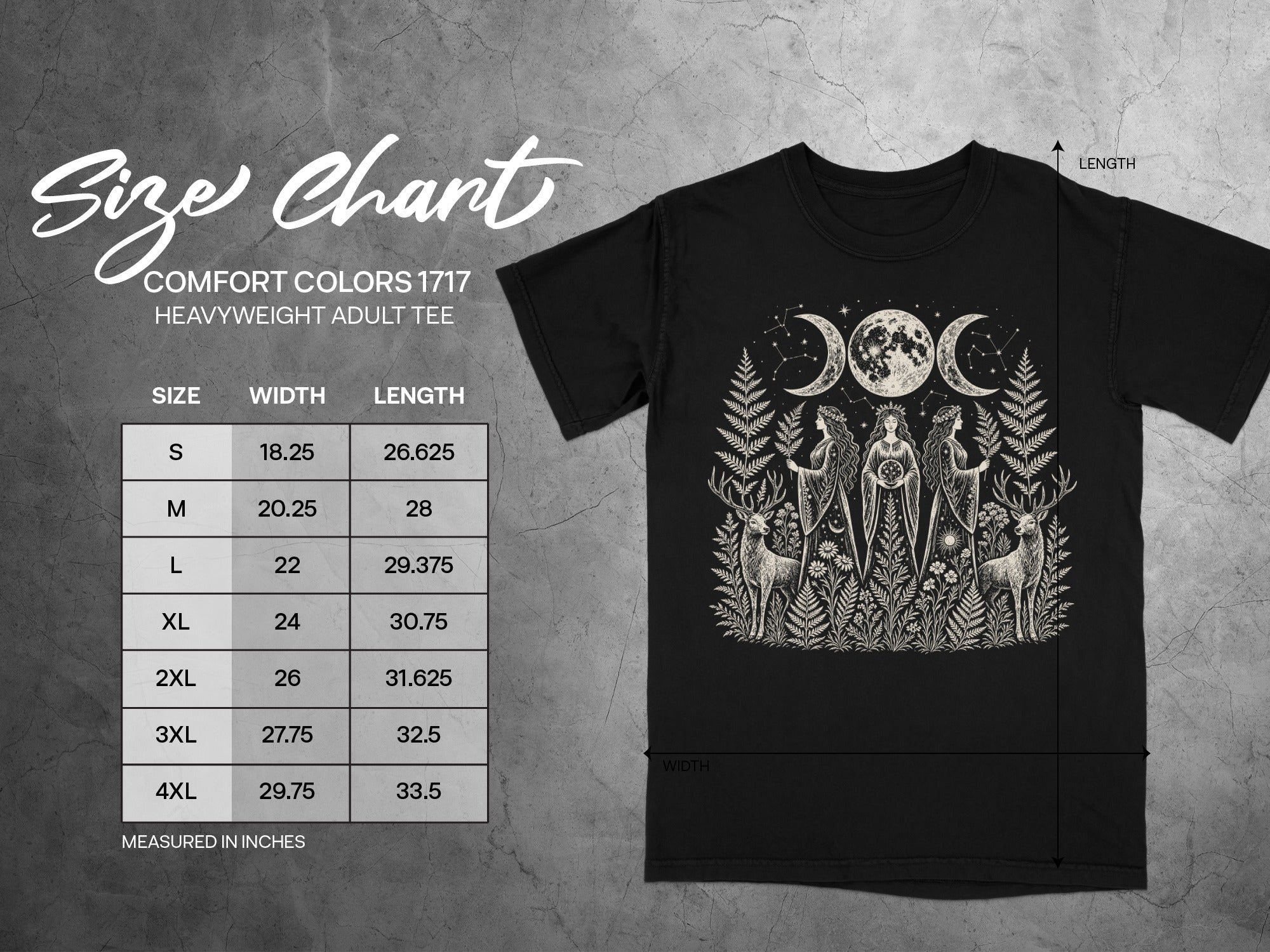 Size chart for Comfort Colors 1717 Heavyweight Adult Tee measured in inches.
