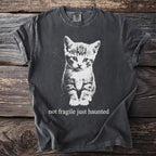 Dark grey t-shirt featuring a black and white graphic of a kitten and the text "not fragile just haunted".