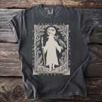 Dark t-shirt with a faded graphic of a cloaked figure, moon, and two ravens.