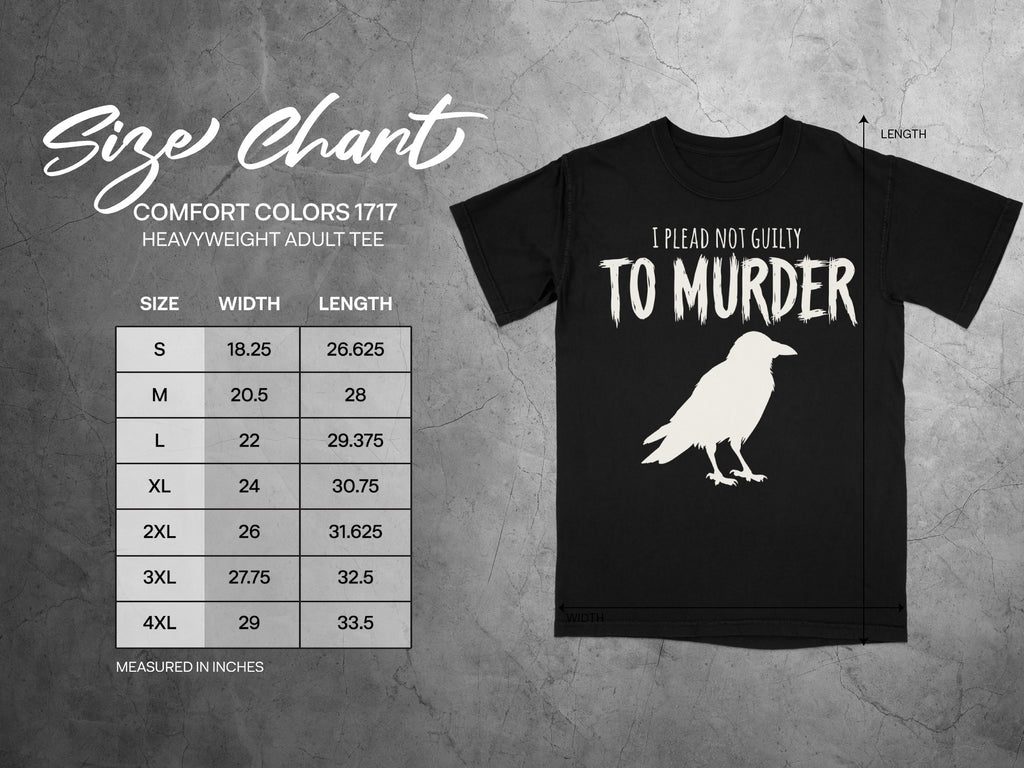 Size chart for a black Comfort Colors heavyweight adult tee with crow graphic.