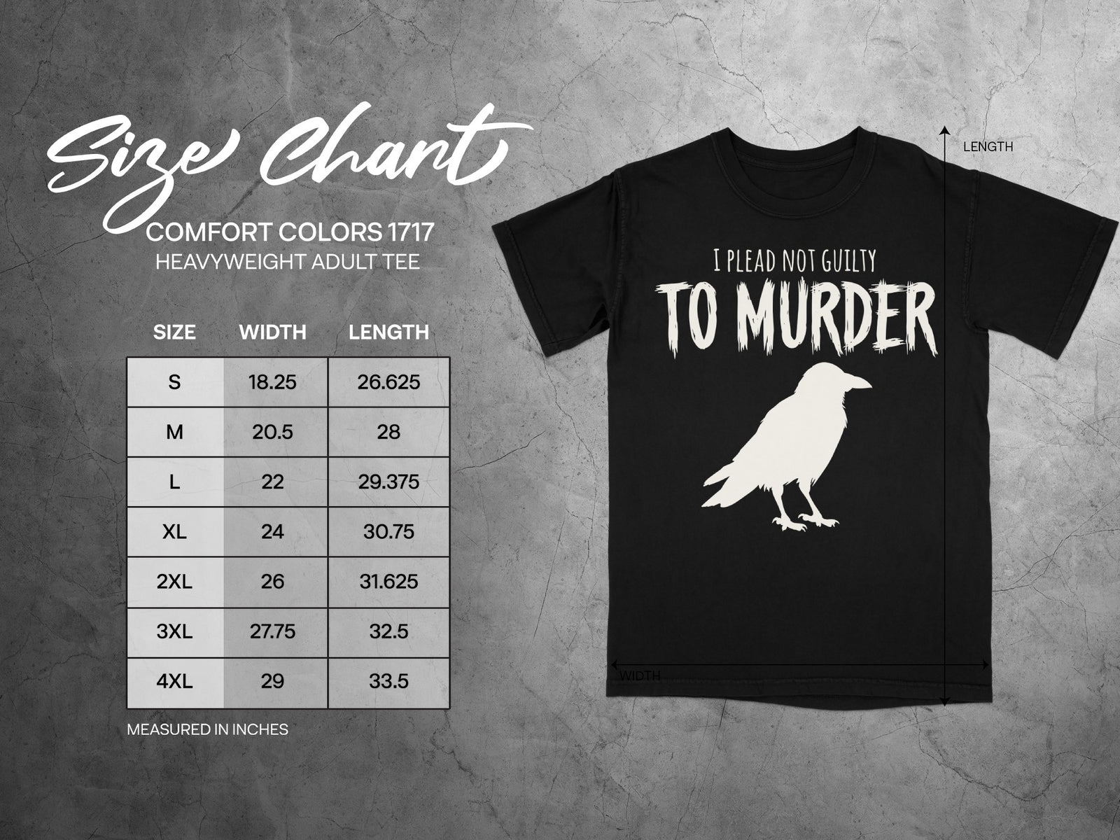 Size chart for a black Comfort Colors heavyweight adult tee with crow graphic.