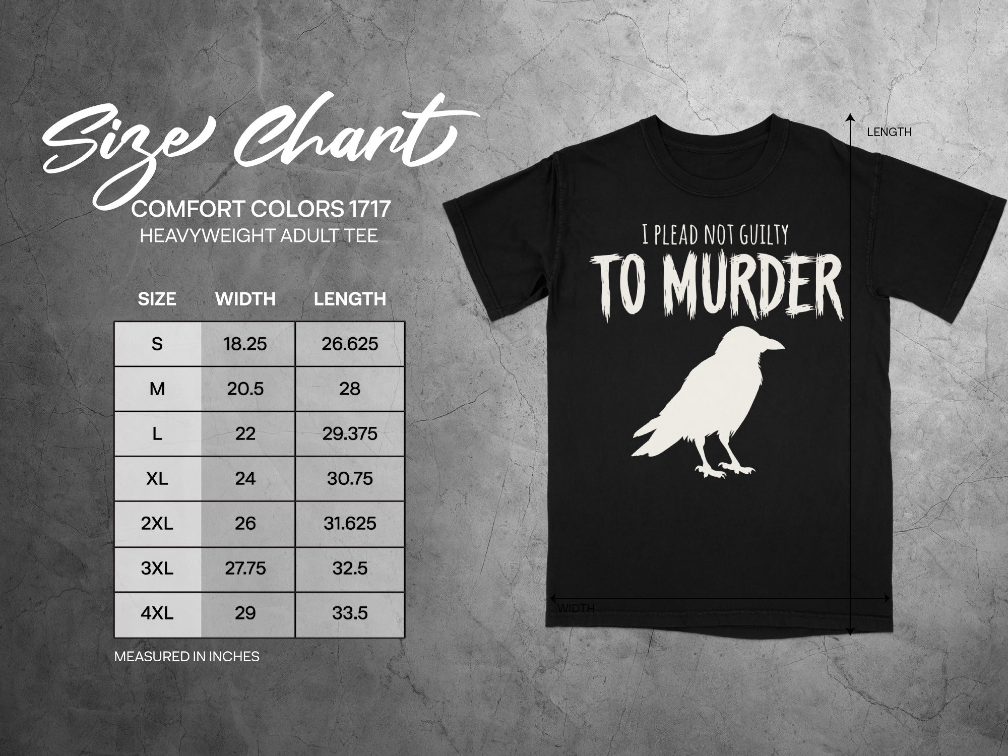 Size chart for a black Comfort Colors heavyweight adult tee with crow graphic.