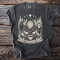 Dark gray t-shirt showing Odin at an offering bowl with a wolf, raven, runes, and moon phases.